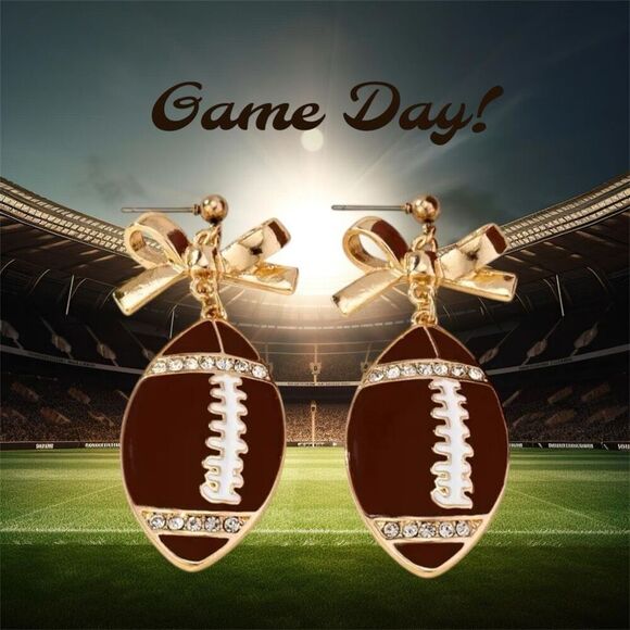 NWT 18K Bling Rhinestone Gold Toned Bowknot Football Dangle Earrings - Picture 7 of 7